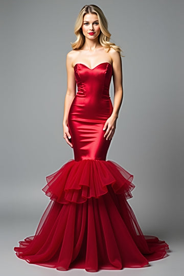 Robe de bal sans bretelles en tulle satiné sirène rouge